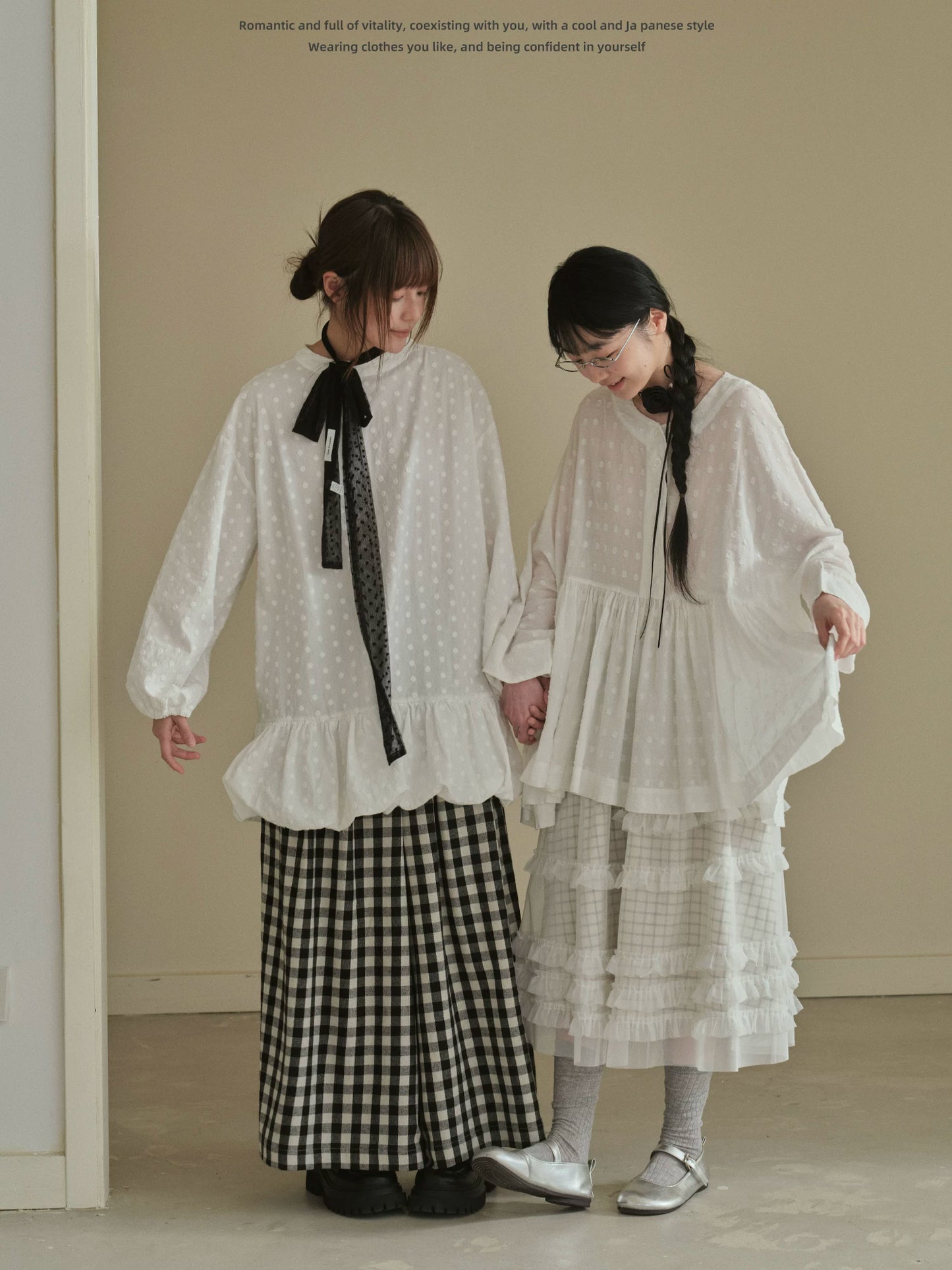 "Quiet Check" Plaid Wide Leg Trousers (Black & White Plaid)