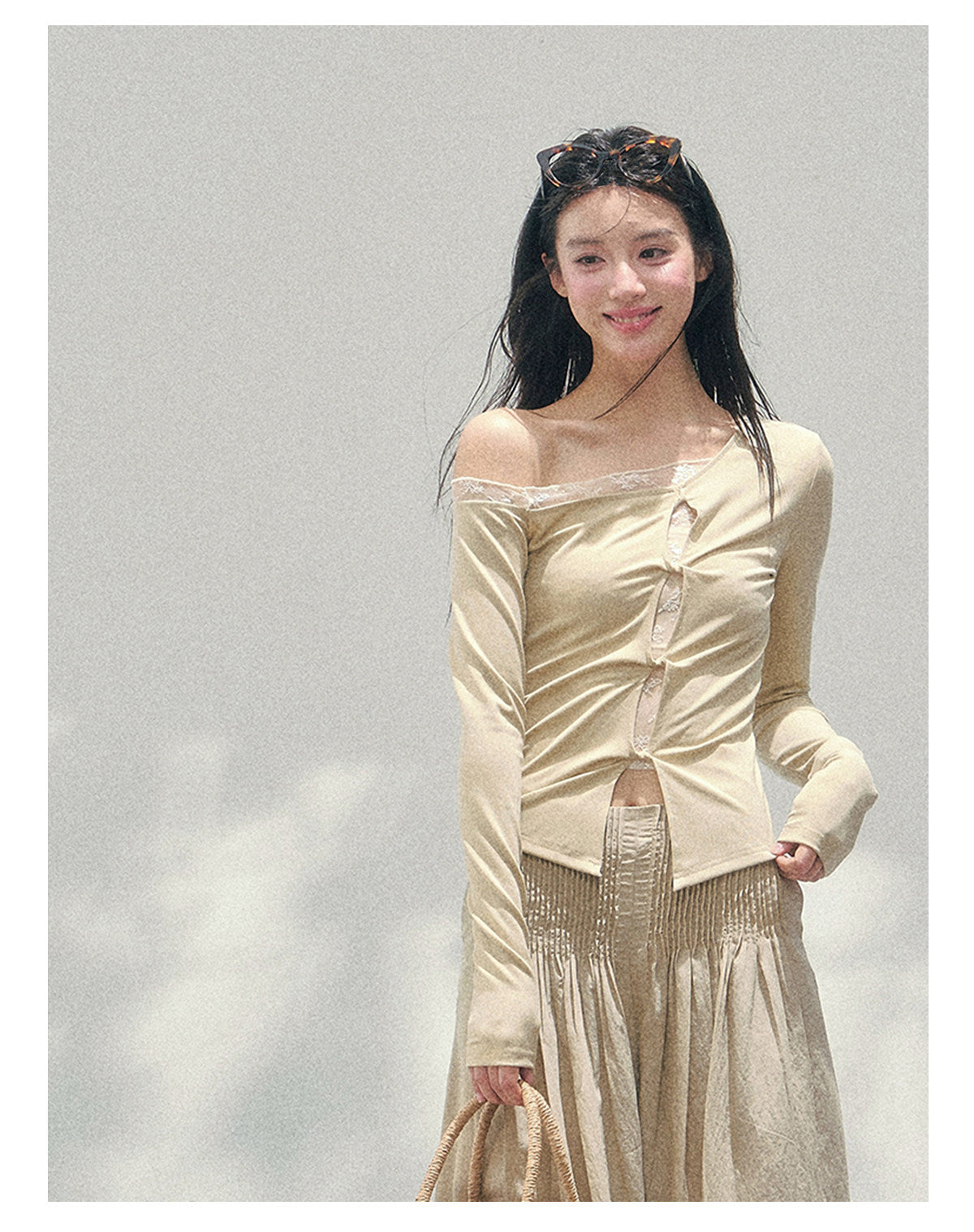 少也眼 “She Becomes Poetry in Motion” Layered One-Shoulder Lace Top - Toasted Rice Beige 78967896
