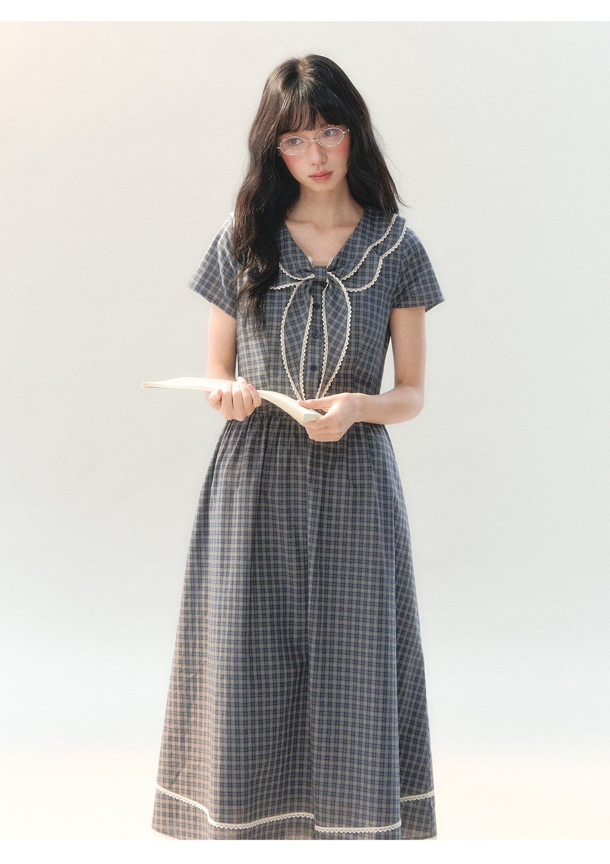 [CAN] "Firwood Plaid Tale" Blue Gray Plaid Lace Doll Collar Dress