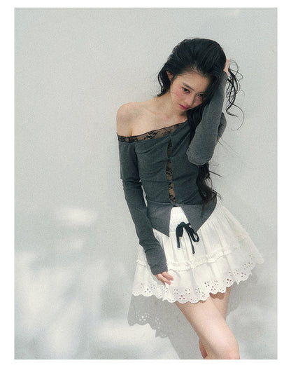少也眼 “She Becomes Poetry in Motion” Layered One-Shoulder Lace Top - Deep Rock Gray 78967896