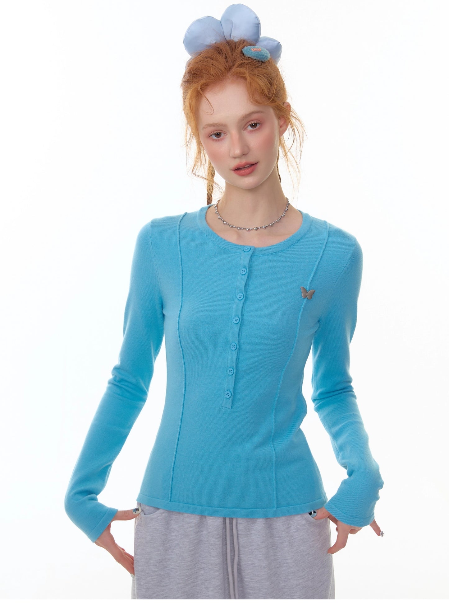 ZiziFei - 3D Ruched Knit Slim-Fit Long Sleeve Top – Butterfly Detail