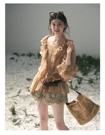“Whispers of the Wind” Ash Caramel Lace Chiffon Blouse (With Belt)