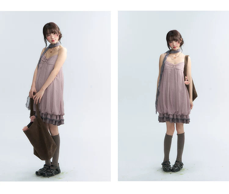 "Misty Lavender Reverie" Vintage Floral Lace Trim Midi Slip Dress