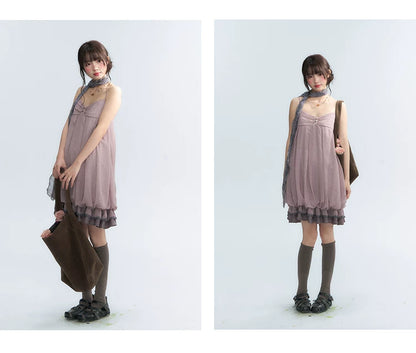 "Misty Lavender Reverie" Vintage Floral Lace Trim Midi Slip Dress