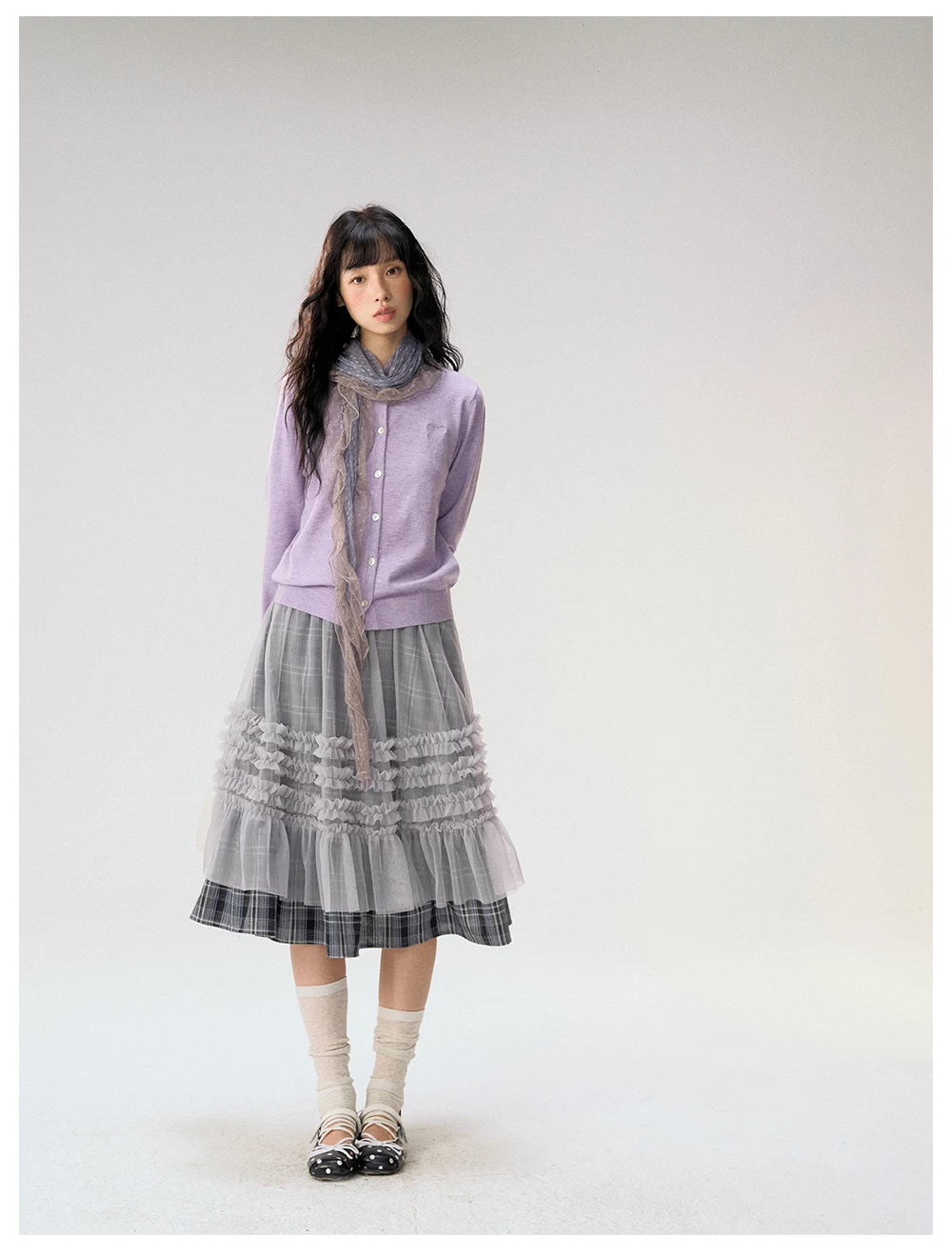 [CAN] "Gray Plaid Reverie" Gray Purple Plaid Mesh Layered Midi Skirt
