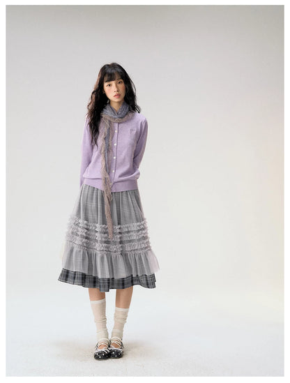 [CAN] "Gray Plaid Reverie" Gray Purple Plaid Mesh Layered Midi Skirt