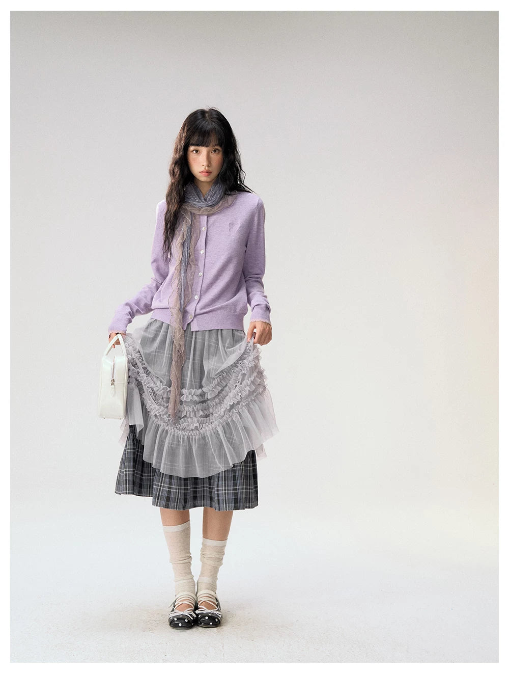 [CAN] "Gray Plaid Reverie" Gray Purple Plaid Mesh Layered Midi Skirt