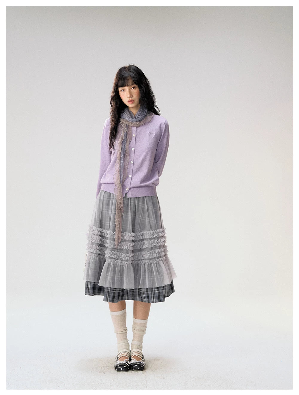 [CAN] "Gray Plaid Reverie" Gray Purple Plaid Mesh Layered Midi Skirt