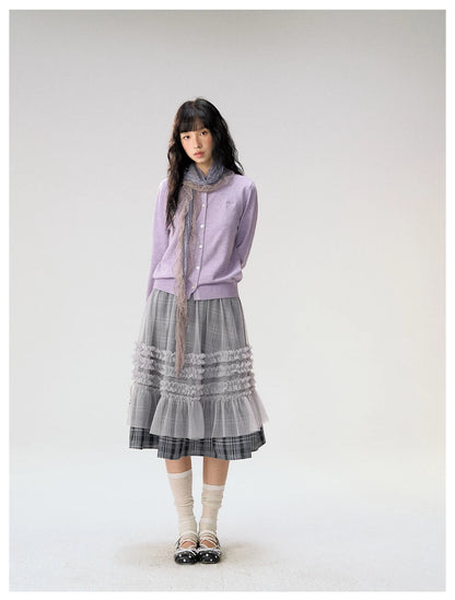 [CAN] "Gray Plaid Reverie" Gray Purple Plaid Mesh Layered Midi Skirt