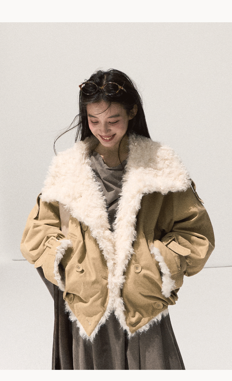 OAKMOO/ "A Night Under the Osmanthus Tree" Rich Black Lambswool-Trimmed Cropped Leather Jacket (Rich Black / Hazel Khaki)