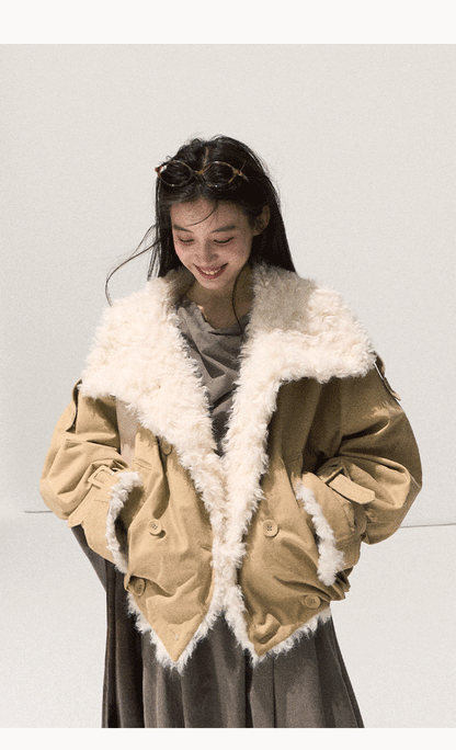 OAKMOO/ "A Night Under the Osmanthus Tree" Rich Black Lambswool-Trimmed Cropped Leather Jacket (Rich Black / Hazel Khaki)