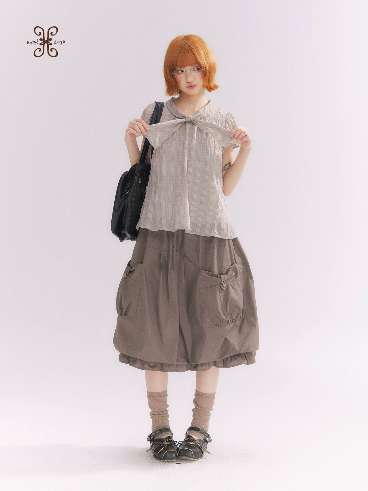 “Formatted Memories” Gray Plaid Textured Bow Tie Puff Sleeve Blouse