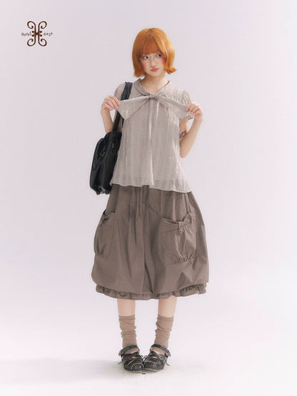 “Formatted Memories” Gray Plaid Textured Bow Tie Puff Sleeve Blouse