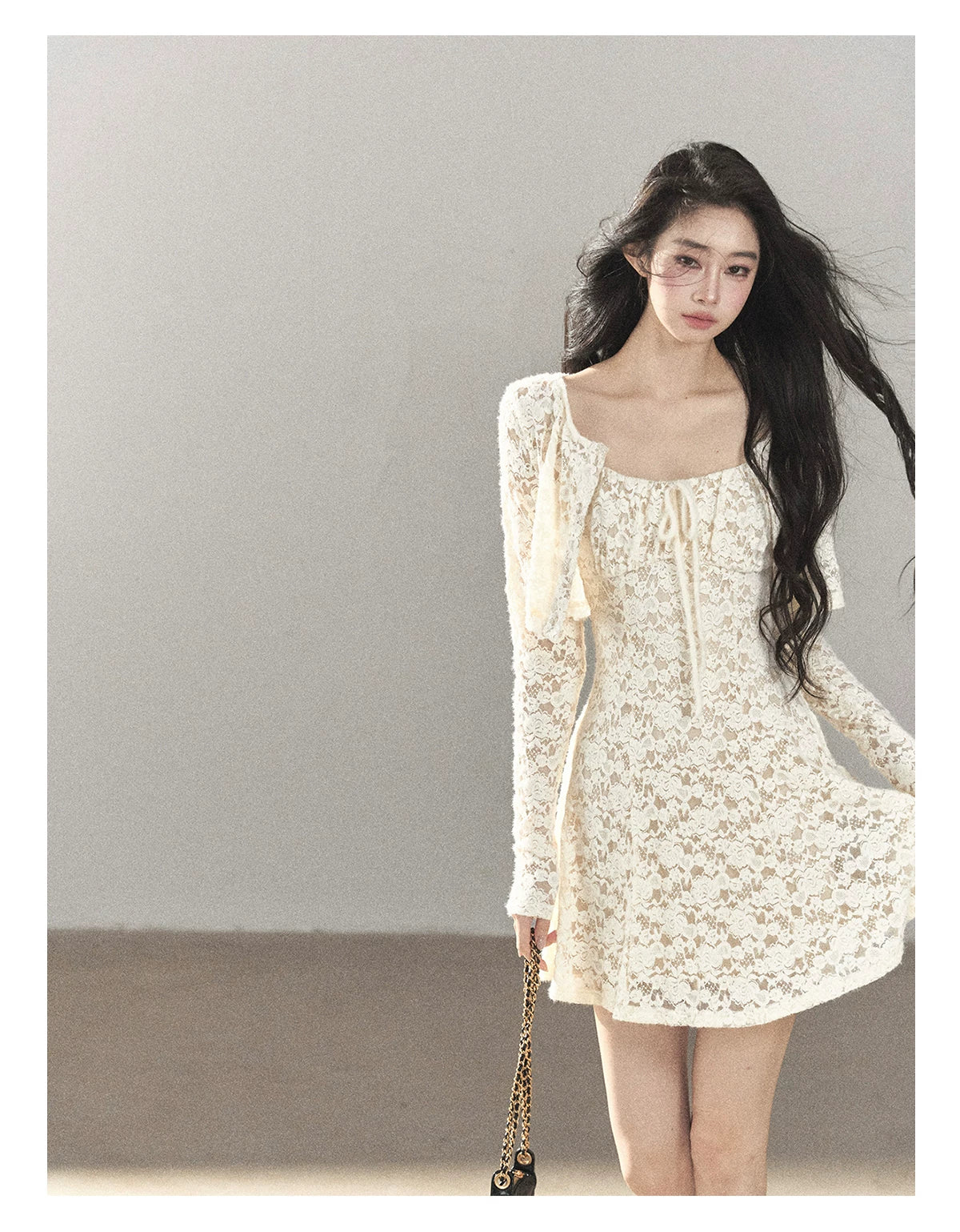 AOMALM - "Moonlight on the Floor" Dutch Cream Lace Cami Dress & Cardigan Set