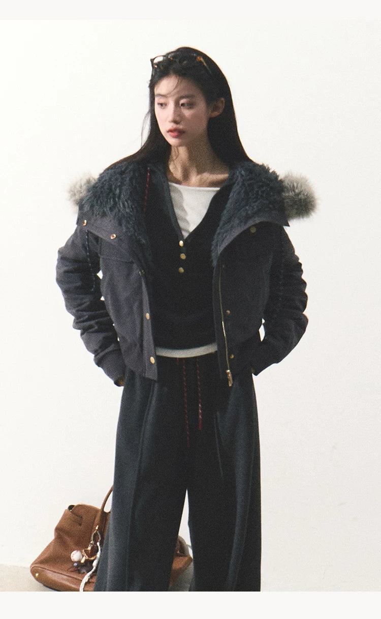 OAKMOO/ "Energy & Freedom" Mocha Gray Fur-Collar Cropped Hoodie Jacket