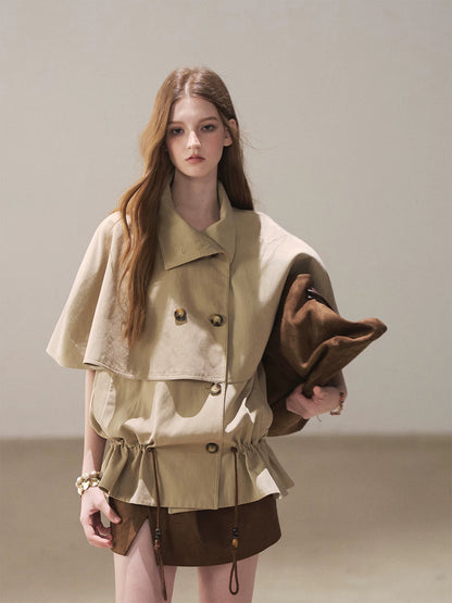 AOMALM - "Through the Oak Grove" Almond Taupe Cape Coat with Drawstring