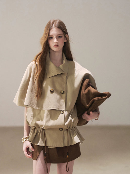 AOMALM - "Through the Oak Grove" Almond Taupe Cape Coat with Drawstring