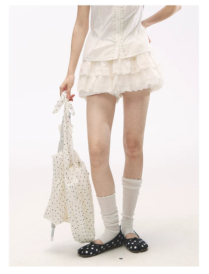 "Lace Soufflé" White Tiered Ruffle Bubble Skort