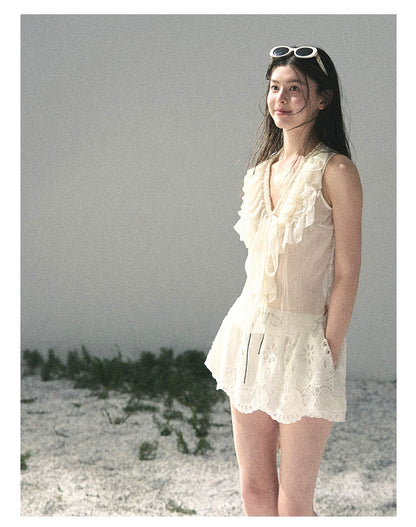 “Moonlight Through Sheer Veils” Ivory Ruffle Chiffon Blouse