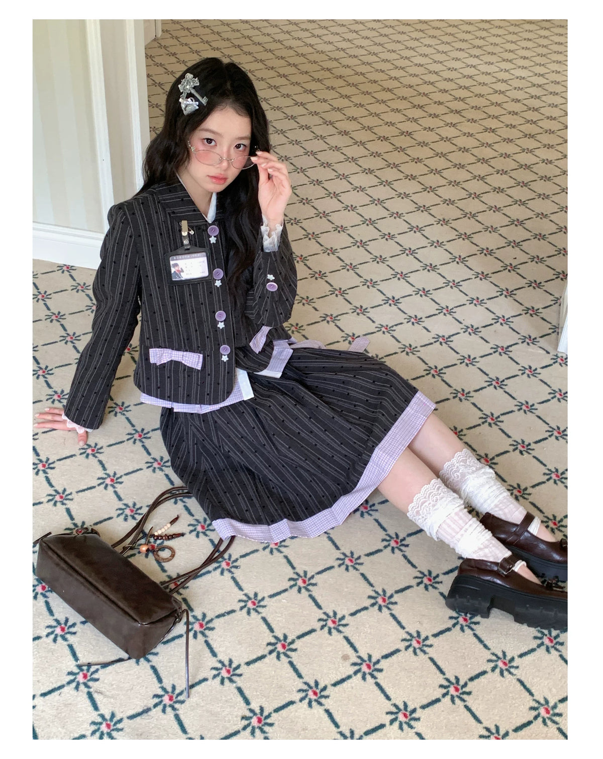 [[RF] “Ink Plaid Prelude” Gray-Purple Plaid Striped Pleated Skirt Two-Piece Set
