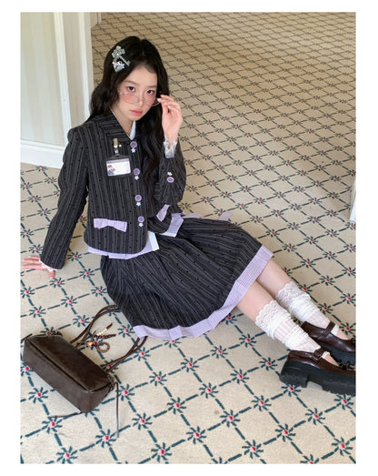 [[RF] “Ink Plaid Prelude” Gray-Purple Plaid Striped Pleated Skirt Two-Piece Set