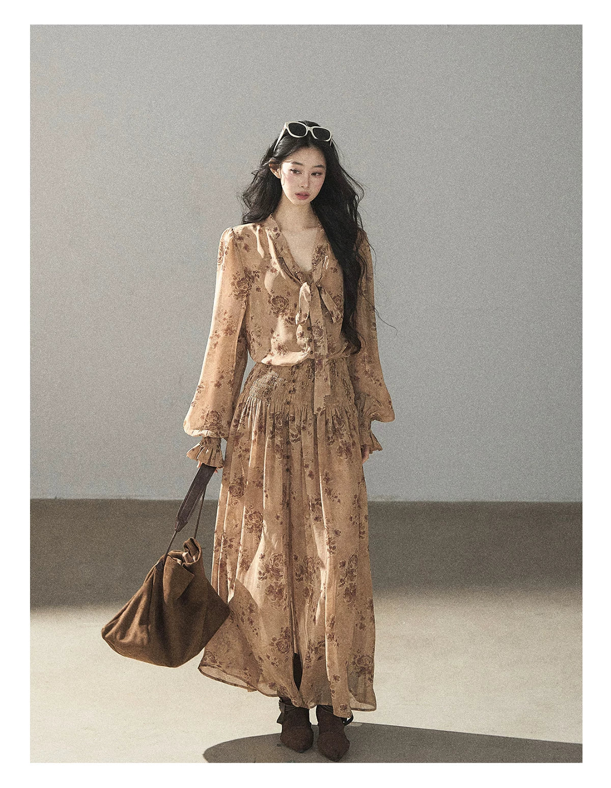 AOMALM - Oatmeal Rose-Print Chiffon Layered Maxi Dress Set