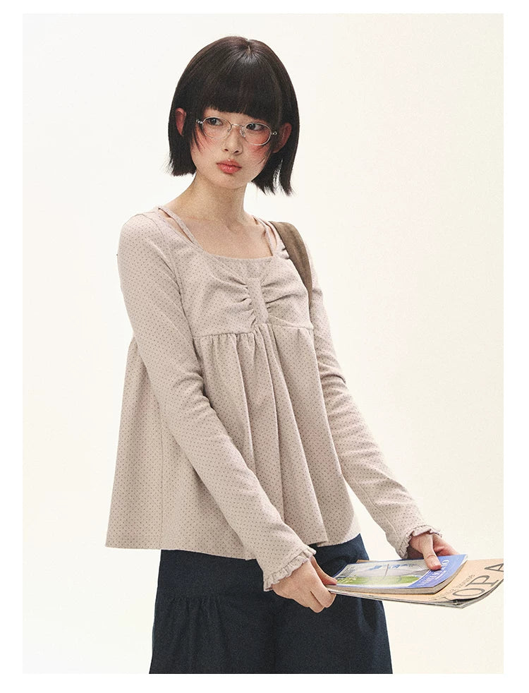 "Sweet Favorite" Polka Dot Faux-Layer Bow Knit Top (Gray Brown/ Blush Pink)