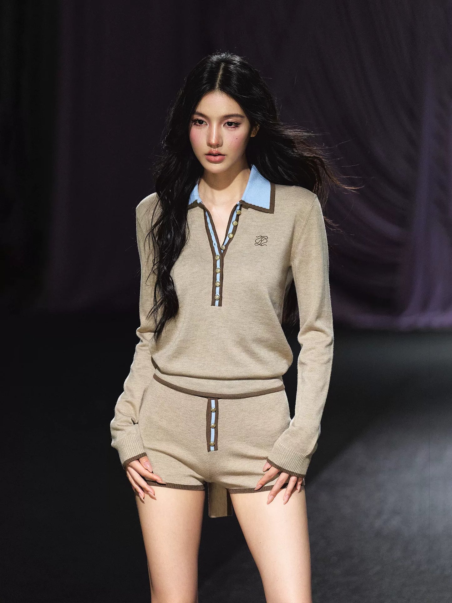 Vintage Contrast Ribbon Polo Knit Top & Heart Pocket Shorts Set