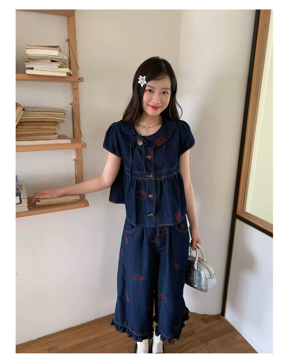 [RF] “Sweet Rebel Denim” Navy Embroidered Ruffle Top & Relaxed Pants Set