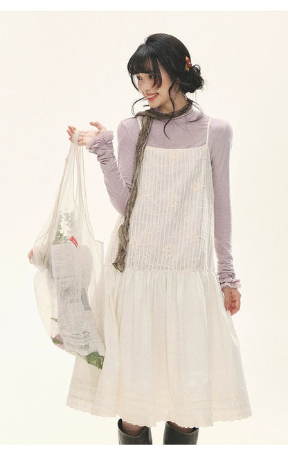 "Ivory Blossoms" Apricot Mist Beige Floral Pinafore Midi Dress