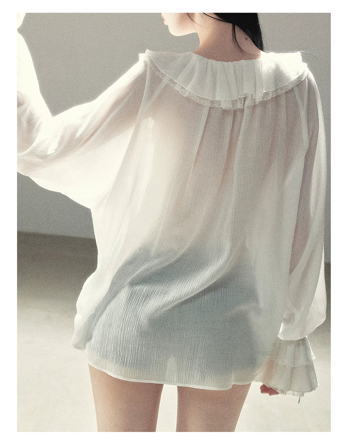 AOMALM - "A Featherlight Touch" French Camellia White Lace Chiffon Top with Belt (Camellia / Oatmeal / Cinnamon Pink)