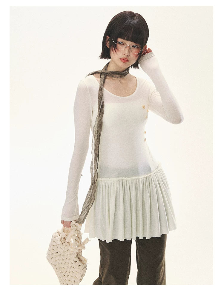 "Spring Memoir" TENCEL™ Wool Pleated Knit Midi Dress (Oat Gray/ Butter Cream)