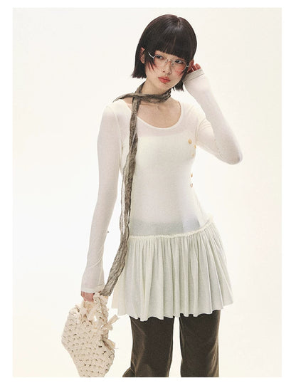 "Spring Memoir" TENCEL™ Wool Pleated Knit Midi Dress (Oat Gray/ Butter Cream)