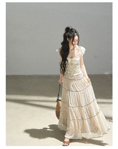 "Mist Through the Woods" Creamy Apricot White Lace Maxi A-Line Skirt
