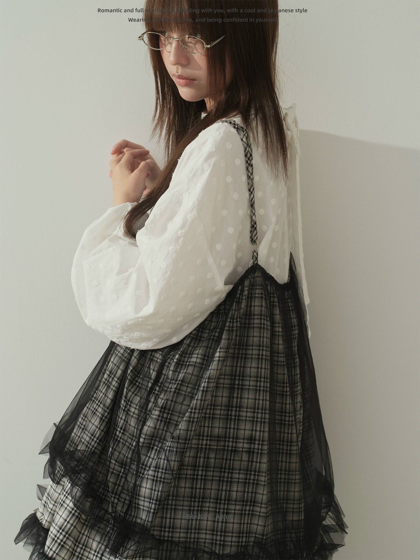 "Layered Breeze" Black & White Plaid Mesh Layering Cami Top