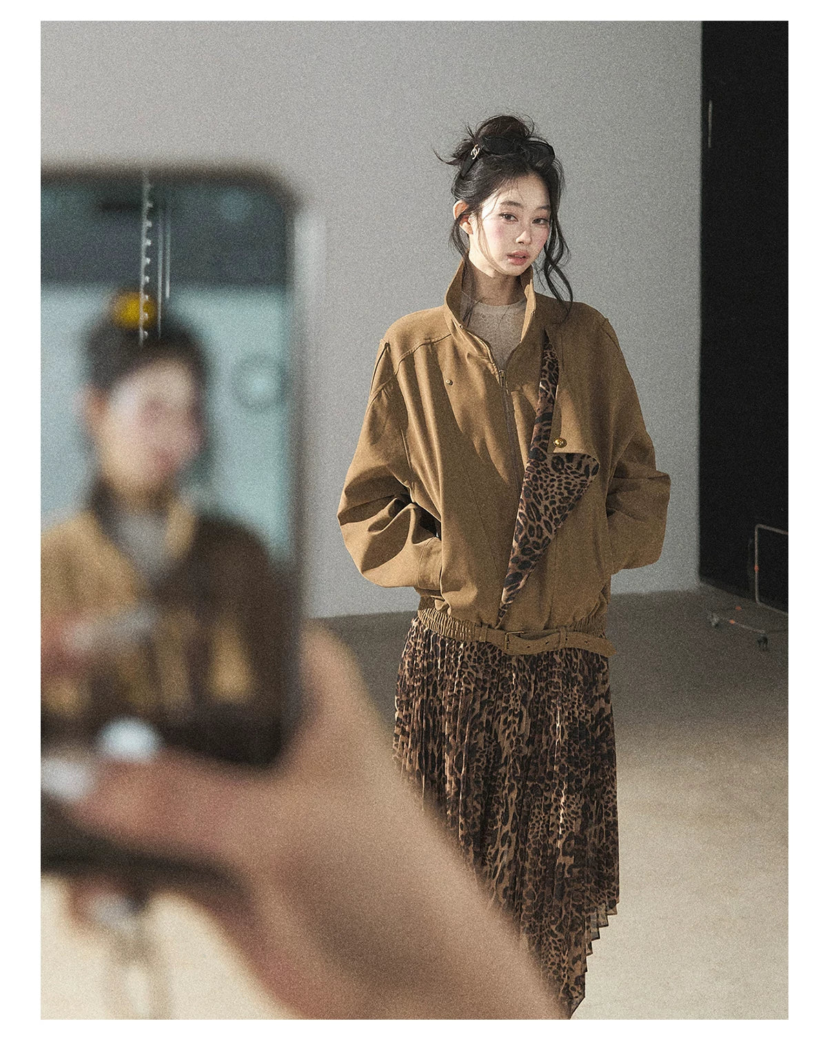 AOMALM - “Cocoa Leopard” Pleated Asymmetric Midi Skirt