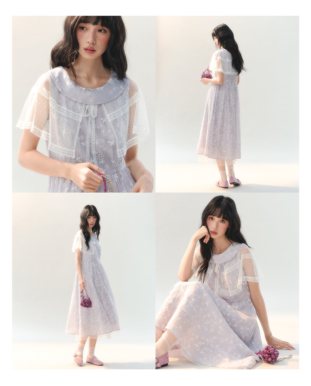 [CAN] "Lavender Bloom Whisper" Purple Floral Cape Tulle Tie-Waist Dress