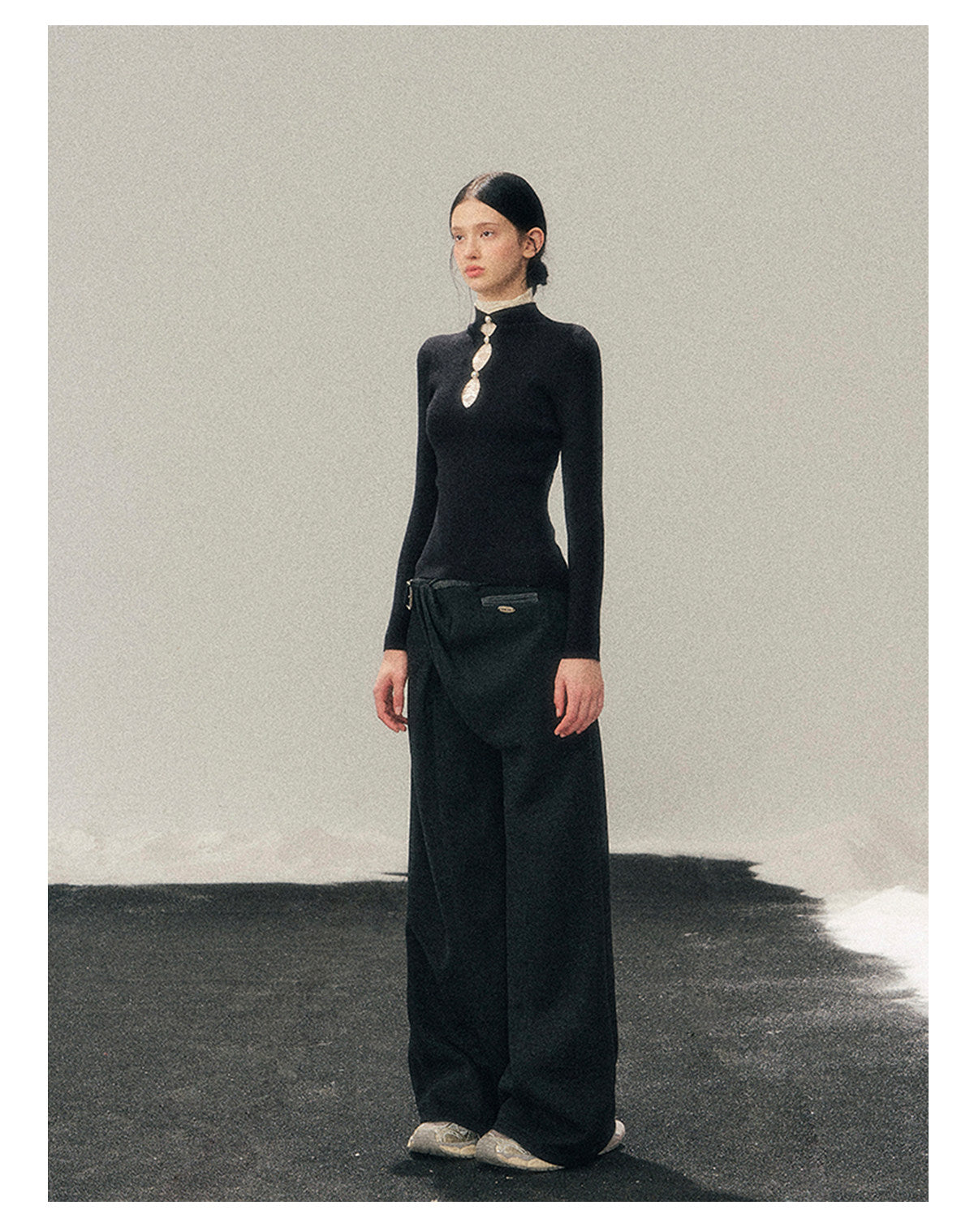 040126 "Lacewoven Dream" Mock Neck Layered Lace Knit Top - Obsidian Black