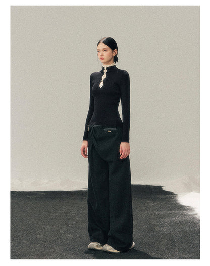 040126 "Lacewoven Dream" Mock Neck Layered Lace Knit Top - Obsidian Black
