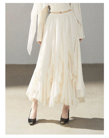AOMALM - Cloud-Shaped French Lace Ruffle Midi Skirt – Elegant Autumn Maxi