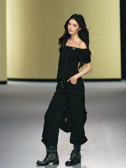 "Midnight Bloom" Black Lyocell Off-Shoulder Ruched Top