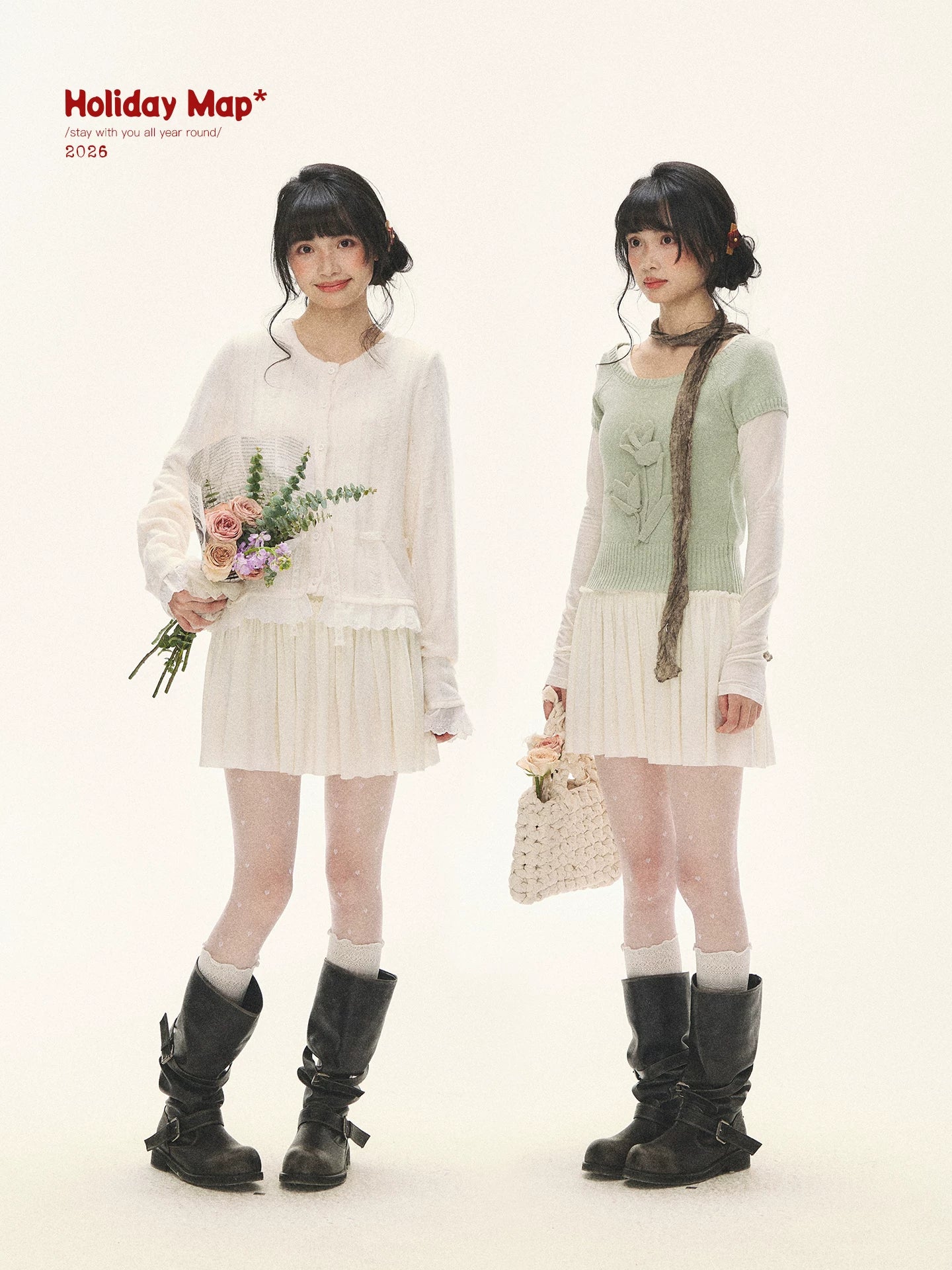 "Spring Memoir" TENCEL™ Wool Pleated Knit Midi Dress (Oat Gray/ Butter Cream)