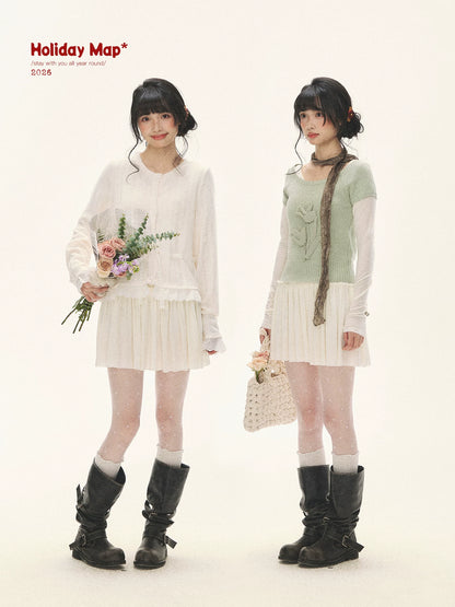 "Spring Memoir" TENCEL™ Wool Pleated Knit Midi Dress (Oat Gray/ Butter Cream)