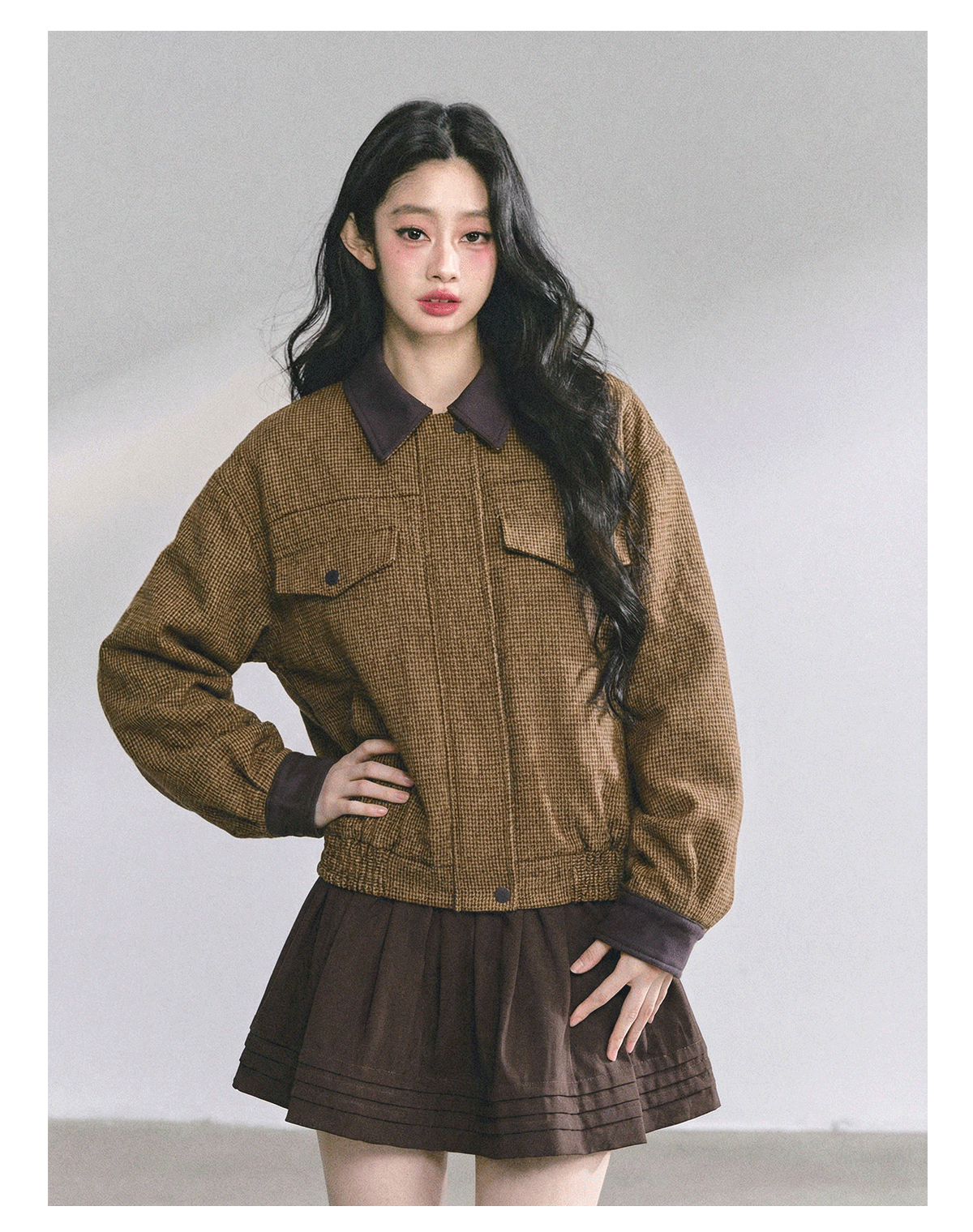 少也眼 "Falling Wutong Leaves" Hepburn Wool Tweed Two-Piece Set - Coffee Brown