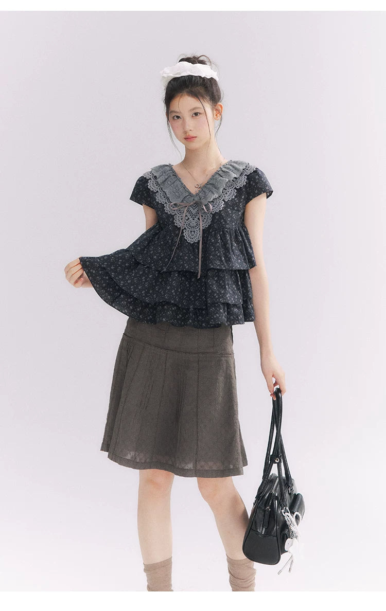 “Midnight Petal” Gray-Black Floral Top & Tiered Dress