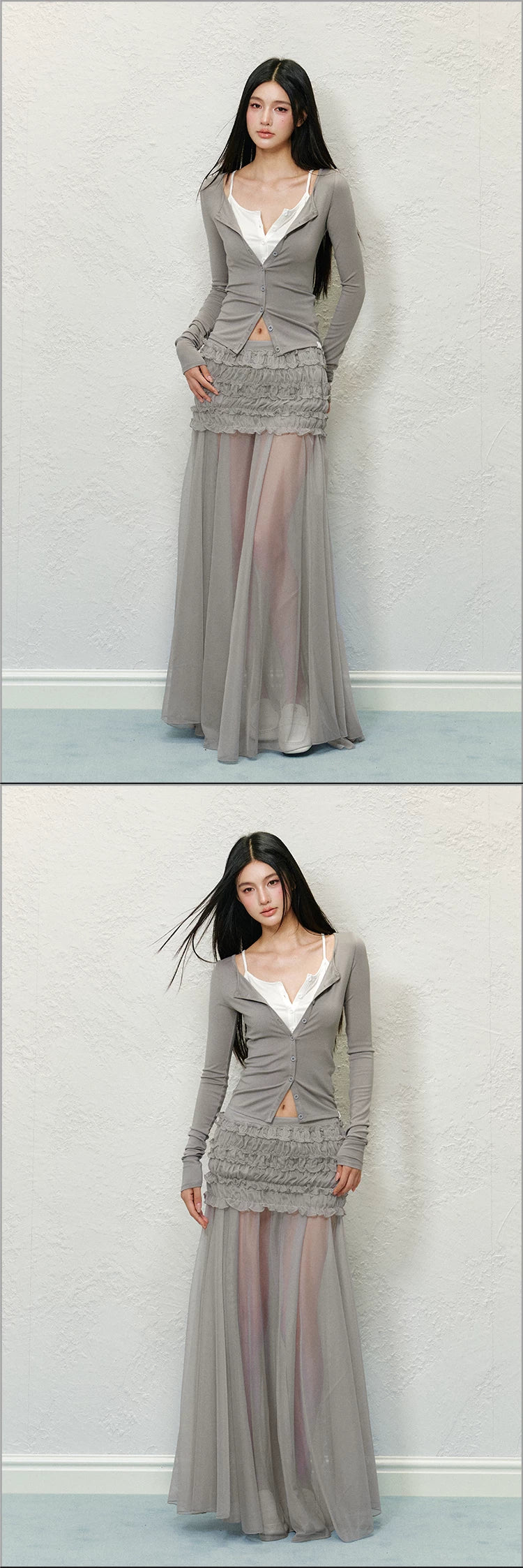 "Soft Horizon" Gray Mesh Panel Bodycon Maxi Skirt