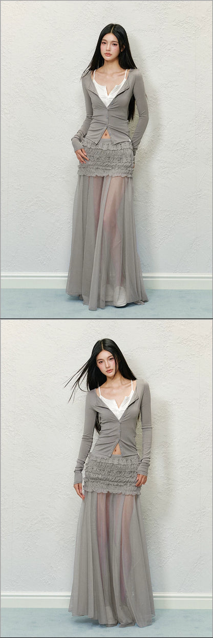 "Soft Horizon" Gray Mesh Panel Bodycon Maxi Skirt