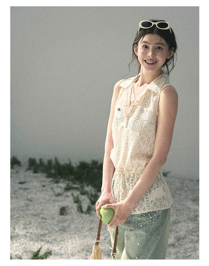 “Summer Breeze Kissing the Hem” Ivory Lace Layered Sleeveless Top