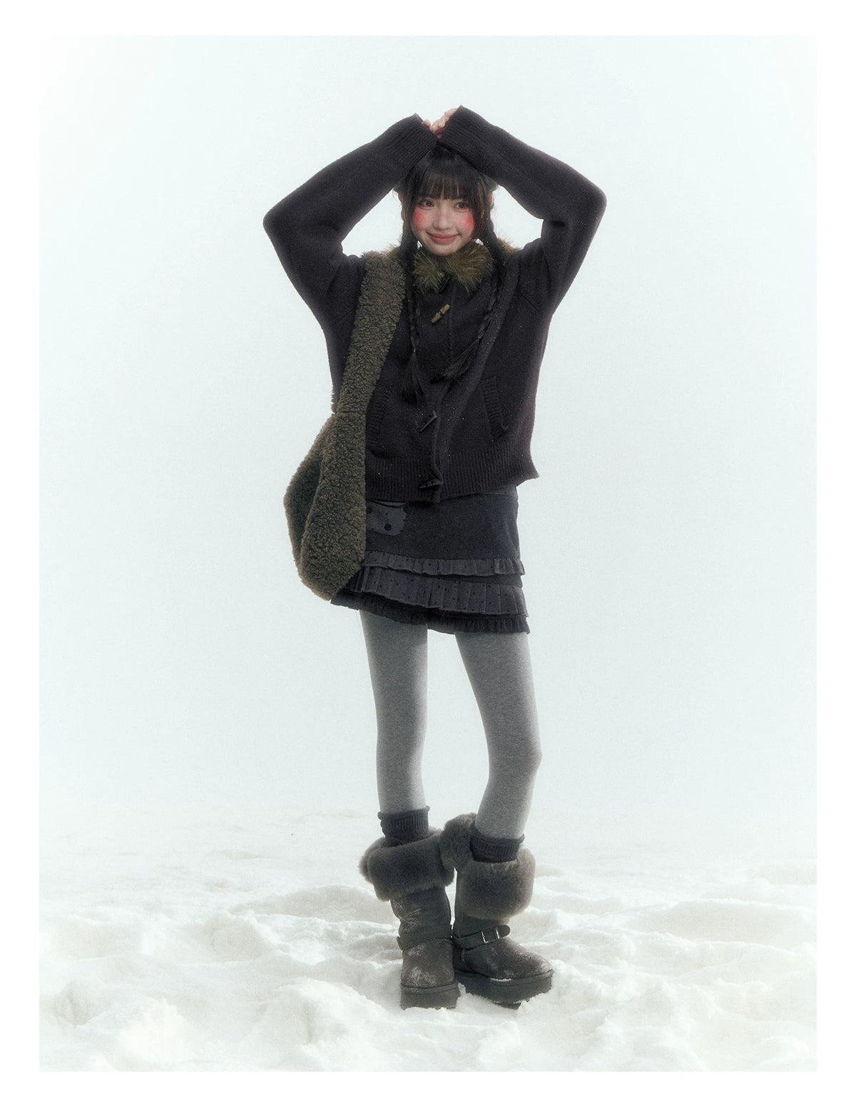 Horridale - Dark Coffee Brown Hooded Knit Cardigan with Detachable Faux Fur Collar