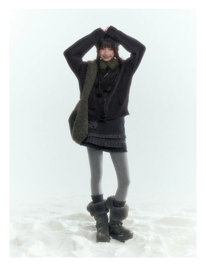 Horridale - Dark Coffee Brown Hooded Knit Cardigan with Detachable Faux Fur Collar